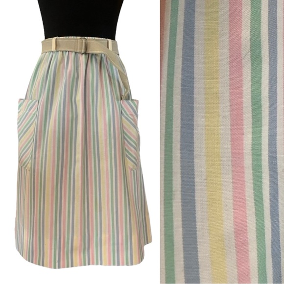 Vintage Dresses & Skirts - Vintage pastel striped A-line midi skirt belted pockets 14 small